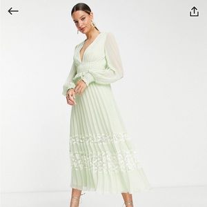 ASOS Design Exclusive plunge pleated midi dress with lace inserts hem,sage green